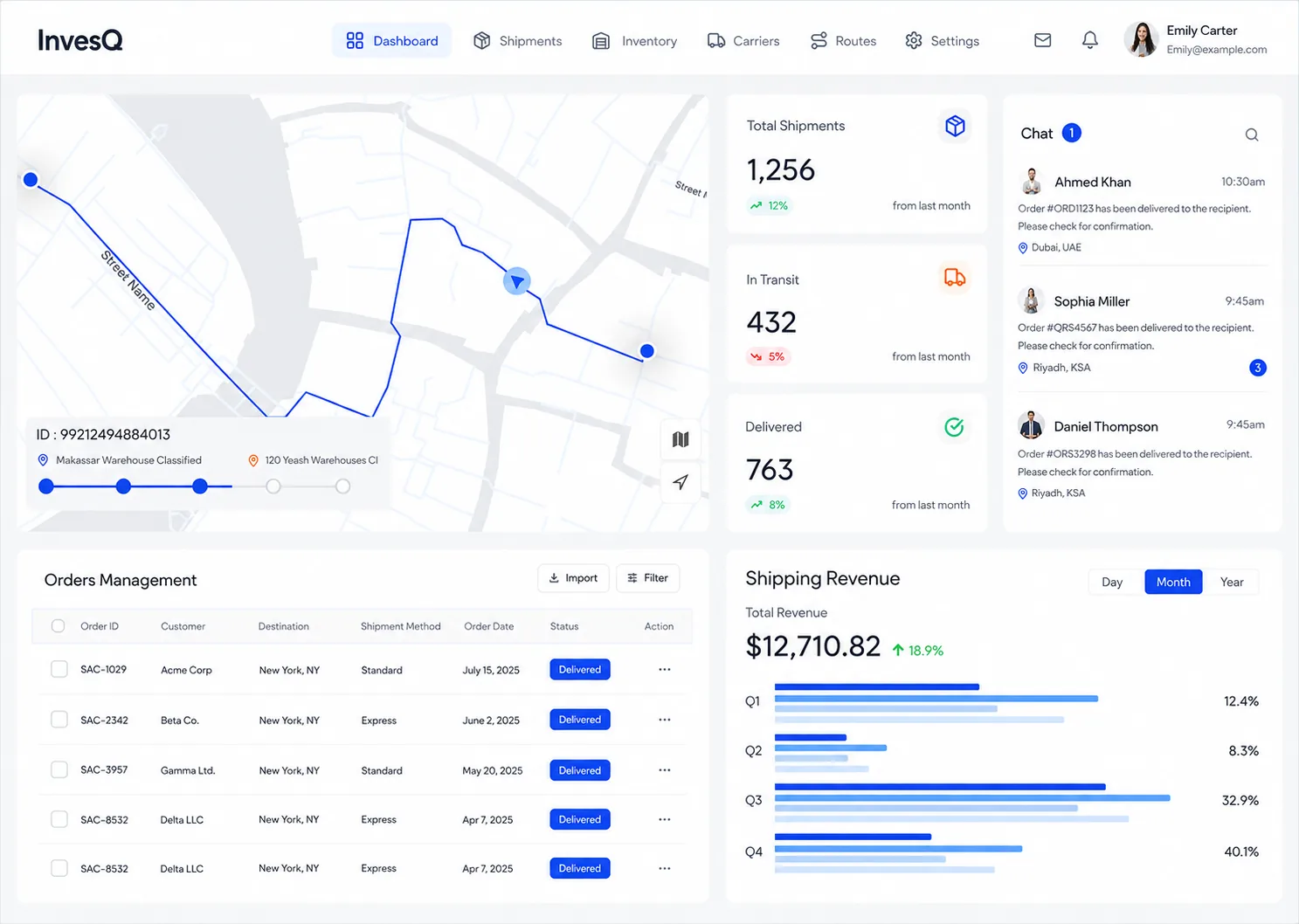 InvesQ logistics dashboard — shipments, map routes, and delivery status