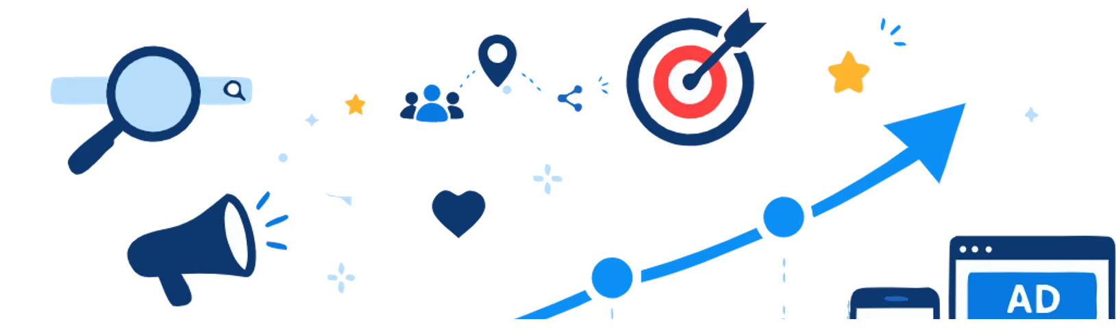 Digital marketing growth illustration with SEO, ads, and engagement channels